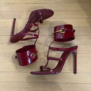 Pre-owned Red Patent Leather Ursula Horsebit Ankle Cuff Sandals Size Eu 40